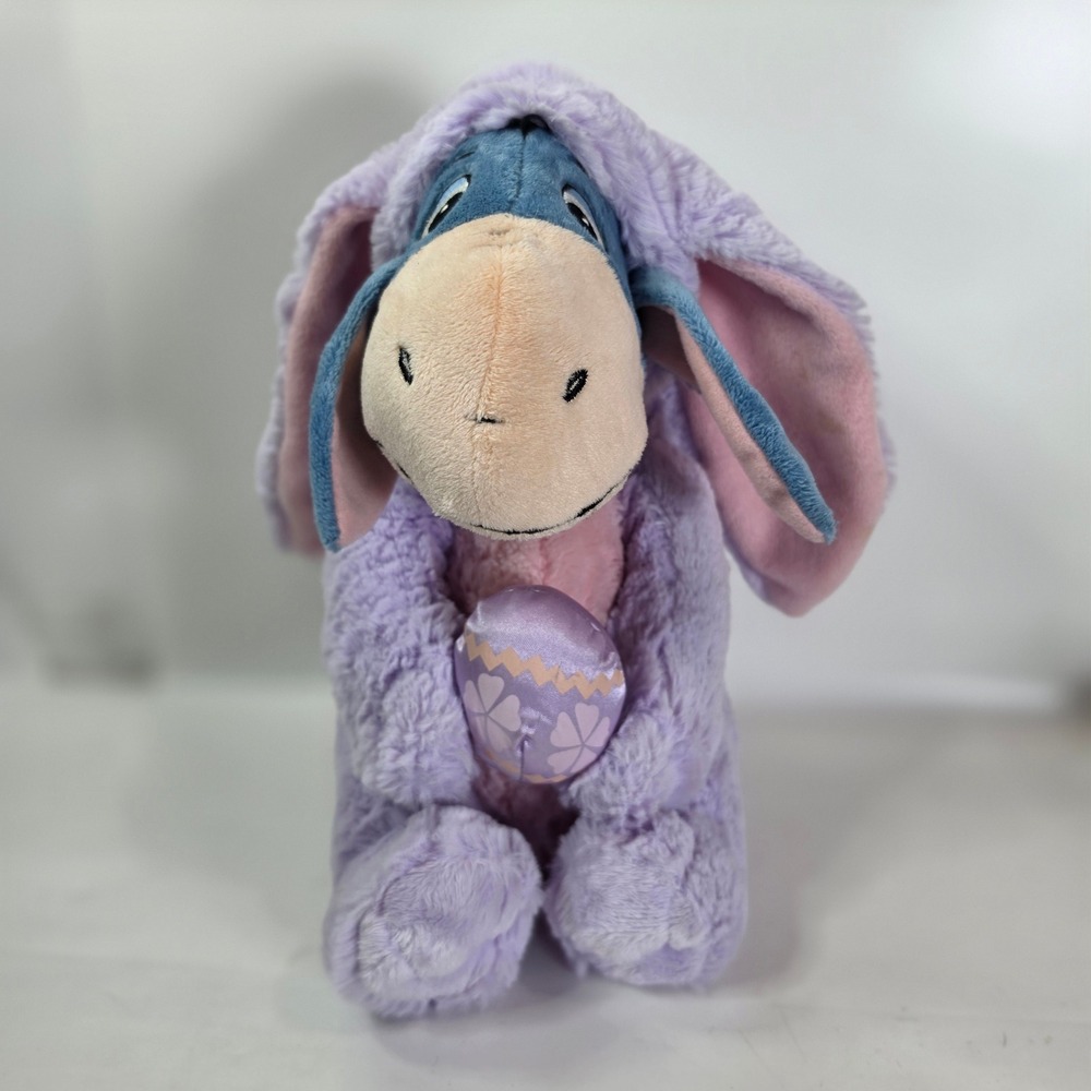 Disney Store Eeyore Easter Bunny Plush Stuffed Animal Purple 12 inch Holding Egg